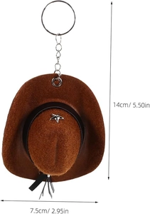 Detailed view of brown suede cowboy hat keychain with star and 14cm size markings