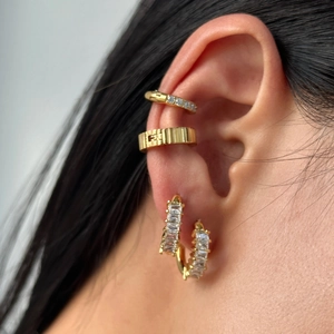 Chic gold-plated stack featuring minimalist zircon ear cuffs and square hoop earrings