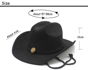 Detailed size chart of the black suede cowboy hat showing 58cm crown and 8cm brim