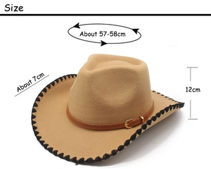 Detailed view of beige wool felt western cowboy hat with sizing measurements and dimensions