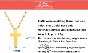 Detailed size specifications for the 18K gold-plated stainless steel cross necklace