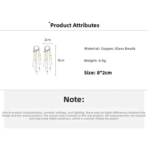 Detailed view of colorful crystal tassel earrings with size dimensions 8x2cm on white background