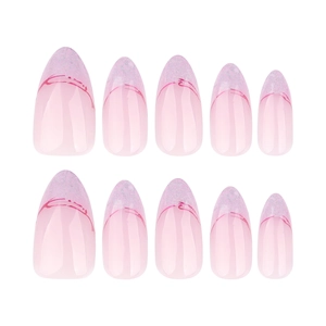Faux ongles amande courts rose clair avec pointes pailletées violettes dégradées