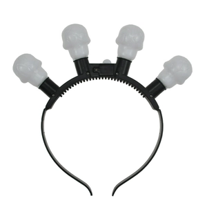 Detail showing the battery box and 4 glowing skull bulbs on the Halloween headband