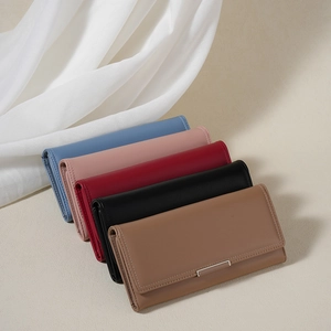 Minimalist long trifold leather wallets for women in five colors with metal buckle closure