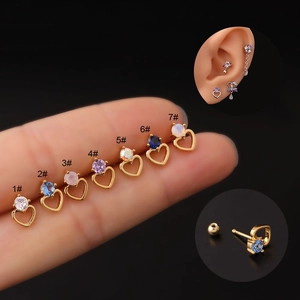Set of heart-shaped stainless steel ear studs with colorful zircon and screw ball backs