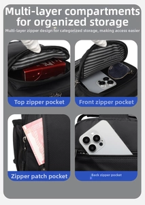 Detailed close-up of multi-compartment storage zones for glasses and phone in black bag