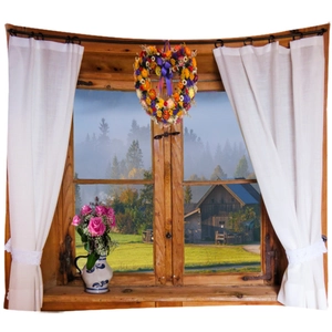 3D window view tapestry with forest scenery, lace curtains and pink rose vase decoration