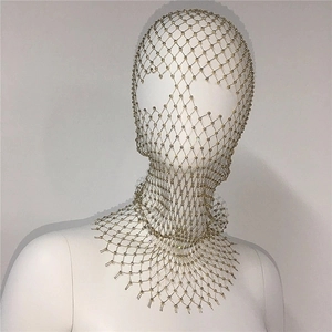 Detailed view of golden mesh face mask and choker with sparkling crystal rhinestones