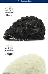 Detail view of black and beige lace floral beret hats with delicate mesh texture