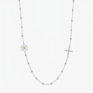 925 Sterling Silver Necklace With White Enamel Daisy Flower And Pave Zircon Cross Pendants Ball Chain Choker For Women