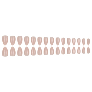 Glossy almond-shaped press-on nails in nude pink color, 30 pieces set for DIY manicure