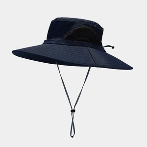 Unisex nylon outdoor sun hat in navy blue with mesh vents and adjustable wind cord