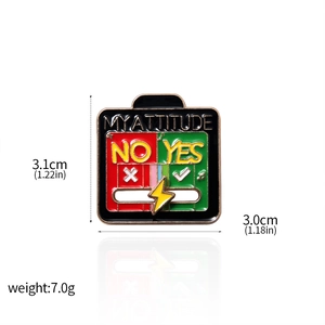 Detail view of rotatable My Attitude enamel pin showing 3.1cm height and 3.0cm width
