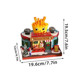 Christmas musical french fries shop figurine with Santa Claus and glowing LED lights