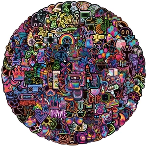 Close-up of waterproof neon graffiti stickers featuring space and animal motifs