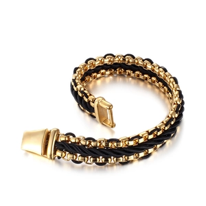 Men's fashion bracelet with gold stainless steel chain and black braided nylon rope