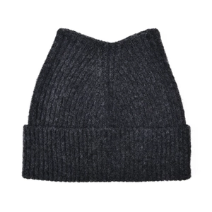 Detailed view of the ribbed knit texture and cat ear design on a warm black winter beanie hat