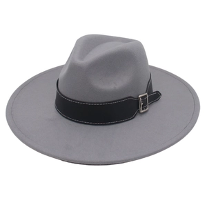 Classic grey wide brim fedora hat with a black leather band and silver metal buckle