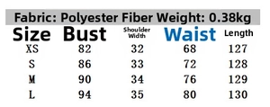 Detailed size chart for the polyester midi dress showing measurements in centimeters