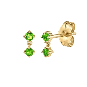 Macro view of gold-plated drop earrings featuring two round-cut emerald green zircons