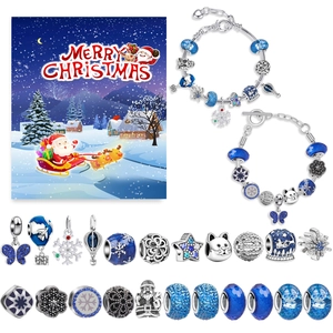 Christmas DIY charm bracelet kit with blue snowflake beads and silver pendants set