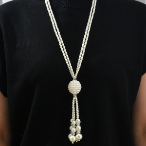 Elegant Long Faux Artificial Pearl Tassel Necklace For Women Double Layer Multi Strand Sweater Chain Geometric Pendant Jewelry