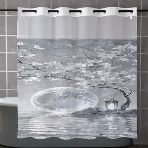 Detail of waterproof landscape shower curtain with reinforced metal grommets and moon print