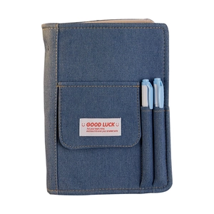 Vintage blue denim A5 notebook binder with pockets and two matching blue pens