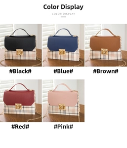Multi-color grid patterns and metal locks on stylish handbags in various color options