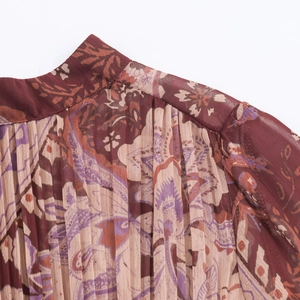 Bohemian paisley print chiffon maxi dress featuring pleated bodice and stand collar detail