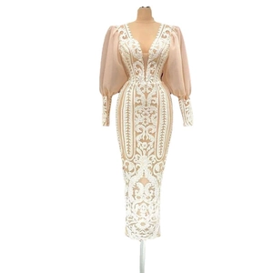 Elegant mermaid evening gown with white lace embroidery and long puff sleeves