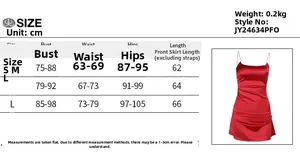 Size chart for the satin bodycon dress with bust, waist, and hip measurements in cm
