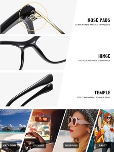 Detailed views of ergonomic nose pads, hinges, and temples for stylish cat-eye glasses