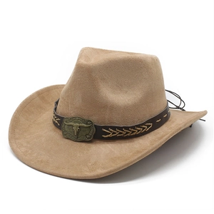 Western Cowboy Hat Suede Wide Brim With Alloy Bull Head Buckle Braided Leather Band Vintage Ethnic Style