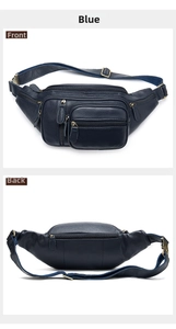 Detailed front and back views of a dark blue leather waist bag with multiple zipper pockets