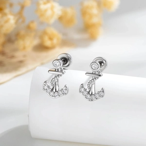 Anchor Piercing Earring Stud Nautical Copper Zircon Micro Inlaid Threaded Screw Flat Back Jewelry For Unisex