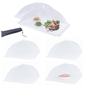Collage of white mesh food cover tents with lace trim and black storage bag detail