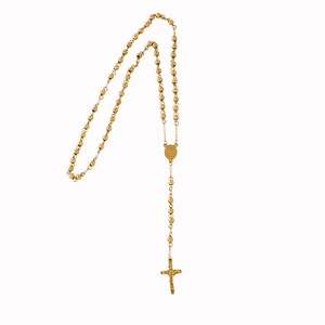 Golden stainless steel rosary necklace with polished beads and crucifix pendant