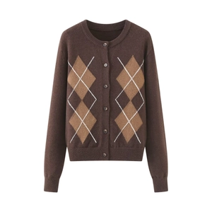 Retro Cardigan Strickjacke Mit Argyle Muster Rundhalsausschnitt Langarm Knopfleiste Kaffee Vintage Polyester