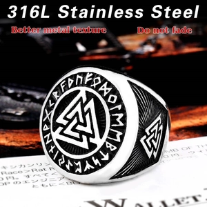 Vintage Viking compass ring in 316L stainless steel with Valknut and Runic engravings