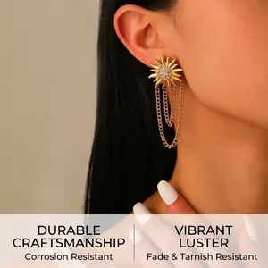 Detail of gold sun-shaped tassel earrings with sparkling crystals worn by a model