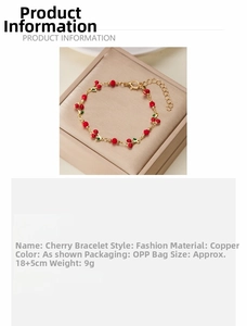 Detail view of cherry heart bracelet in jewelry box with dimensions and copper material info