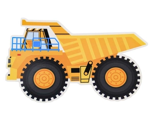 Detailed view of a yellow construction dump truck sticker with sharp cartoon graphics