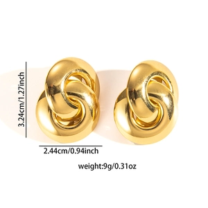 Detailed view of interlocking chunky gold hoop earrings with specific size measurements