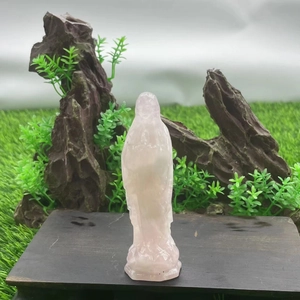 Hand-carved 10cm pink crystal Mary statue on a wooden base for home decor