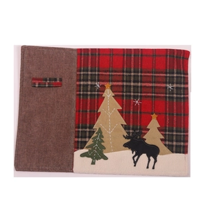 Christmas plaid table mat with reindeer and tree embroidery for festive holiday dining decor