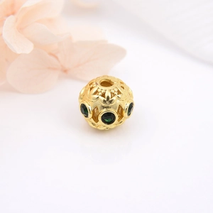 Hollow gold-plated 18k round bead with green gemstone for DIY jewelry making