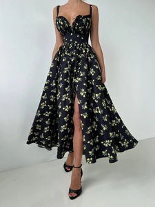 Floral slit sundress with lemon print, tie-neck detail and high waist A-line silhouette