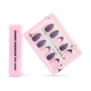 French Style Purple Butterfly Print Press On Nails Almond Shape Glossy Manicure For Women Daily Fashionable Artificial Nails